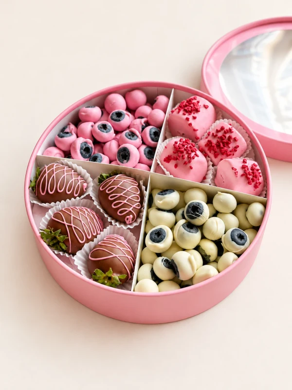 Фруктовый бокс "АрДеко Pink" — «Фруктовый бокс АрДеко Pink» — фруктовый набор Dolce Sweets из 4 ягод клубники в молочном шоколаде, 4…